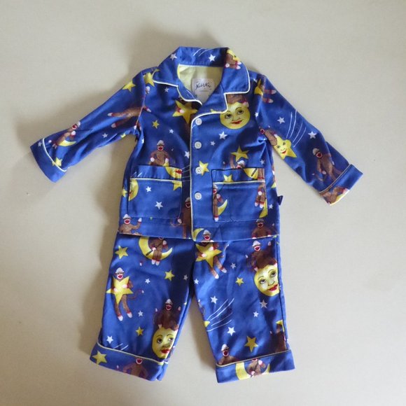 NICK & NORA BRAND SOCK MONKEY & MOONS CHILDS PAJAMA SET (NEW W/O TAGS)12M - Picture 1 of 8
